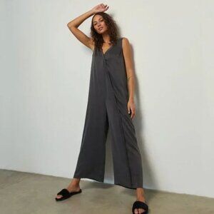 LUNYA Washable Silk Double V Jumpsuit in Black